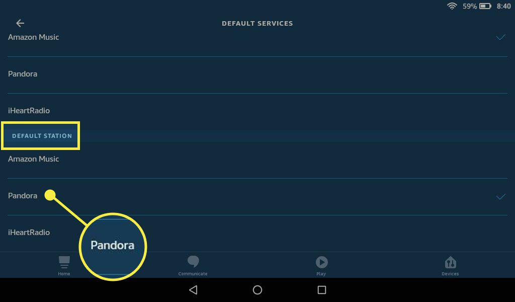 Pandora onder "Default Station" in Alexa-instellingen