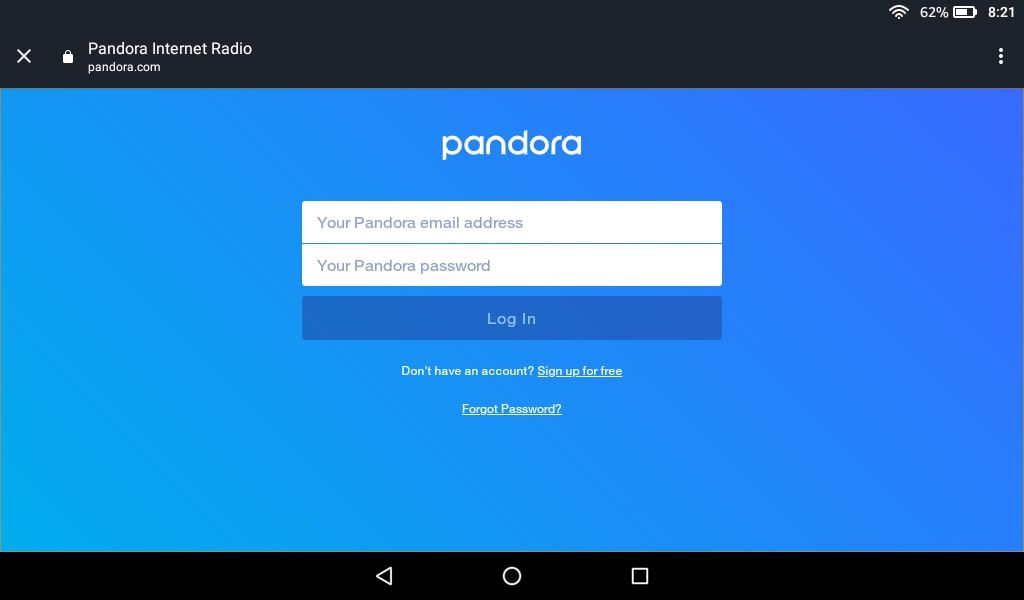 Log in met het e-mailadres en wachtwoord van uw Pandora-account.