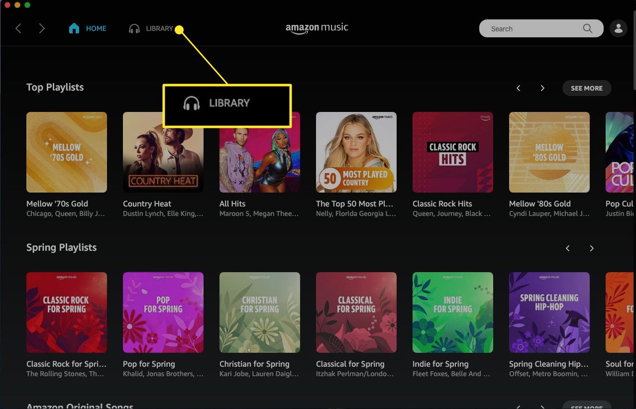 Amazon Music-webapp met Bibliotheek gemarkeerd