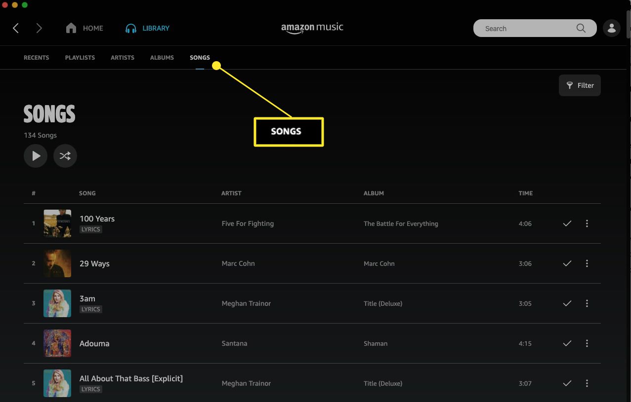 Amazon Music-webapp met het tabblad Nummers gemarkeerd