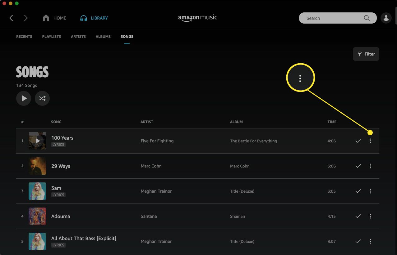 Amazon Music-webapp met meer opties (drie stippen) gemarkeerd