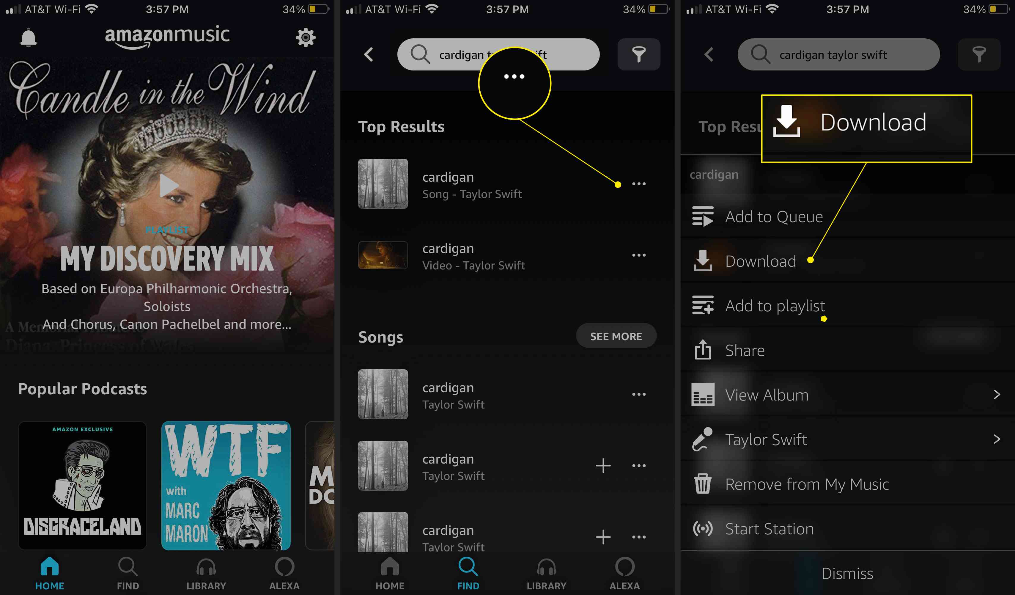 Amazon Music-app met Meer opties (drie stippen) en Download gemarkeerd