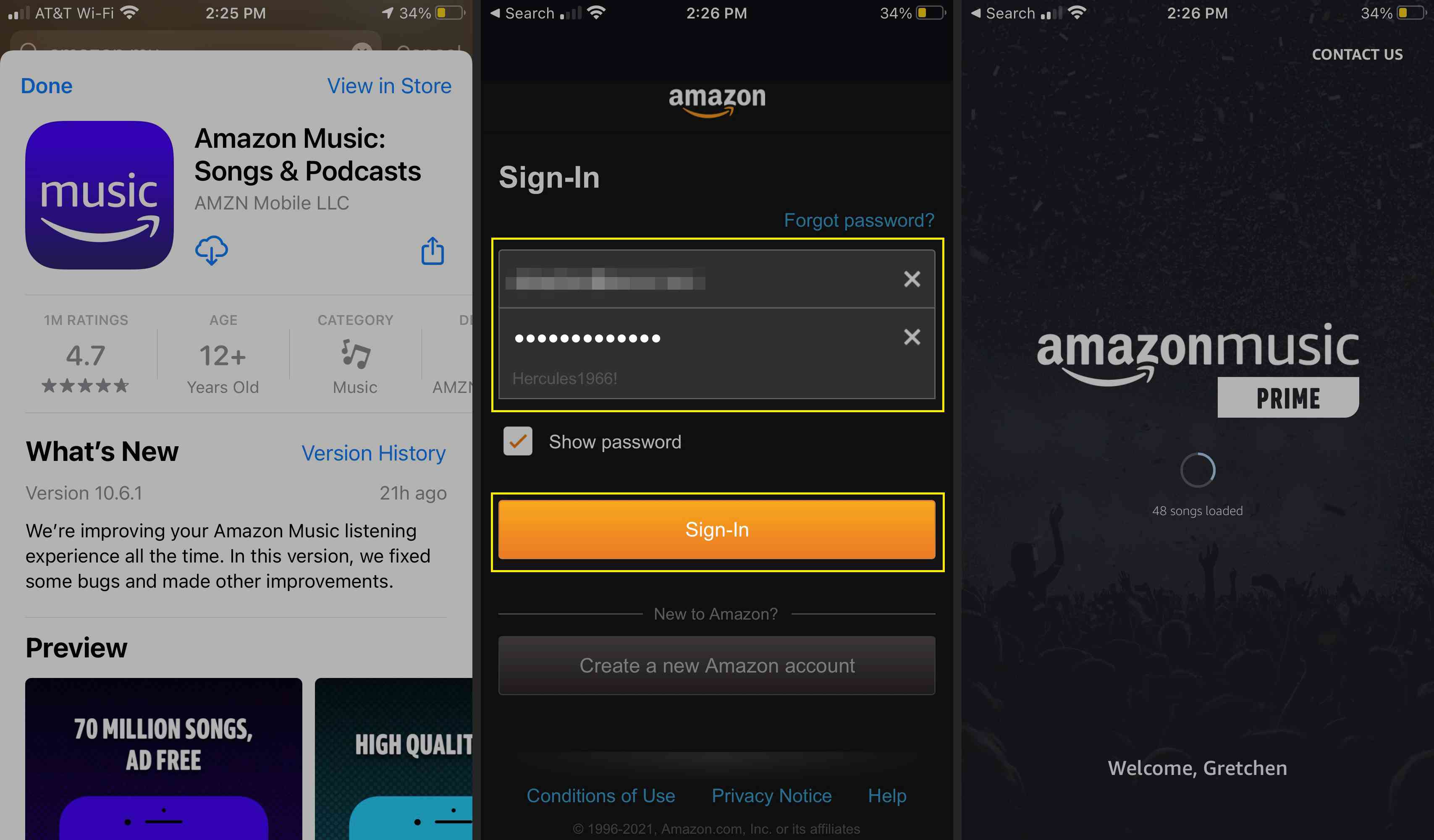 Amazon Music-app in de app store, samen met het inlogscherm en de openingspagina van Amazon Music Prime