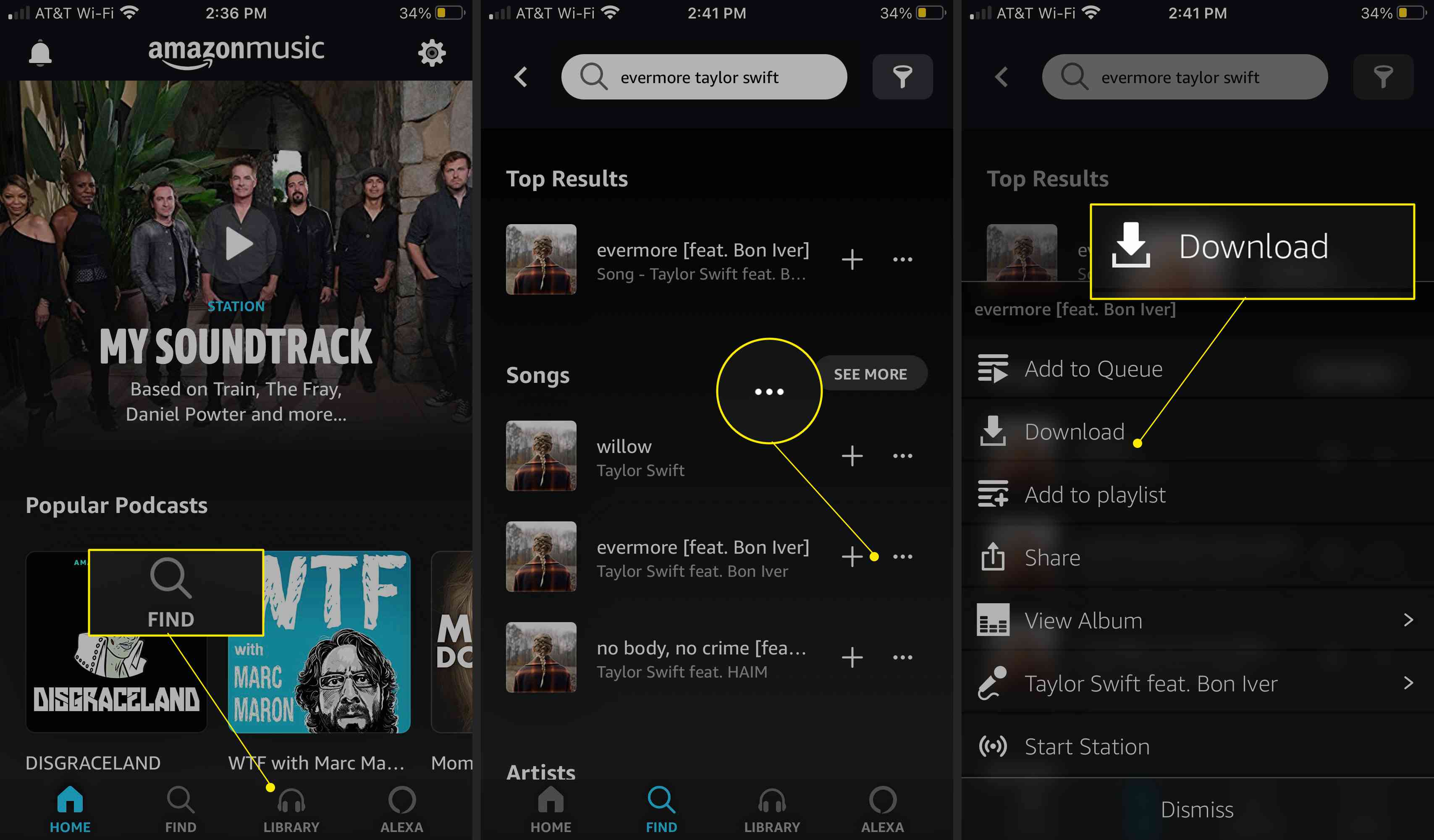 Amazon Music-app met Zoeken, Meer opties (drie stippen) en Downloaden gemarkeerd