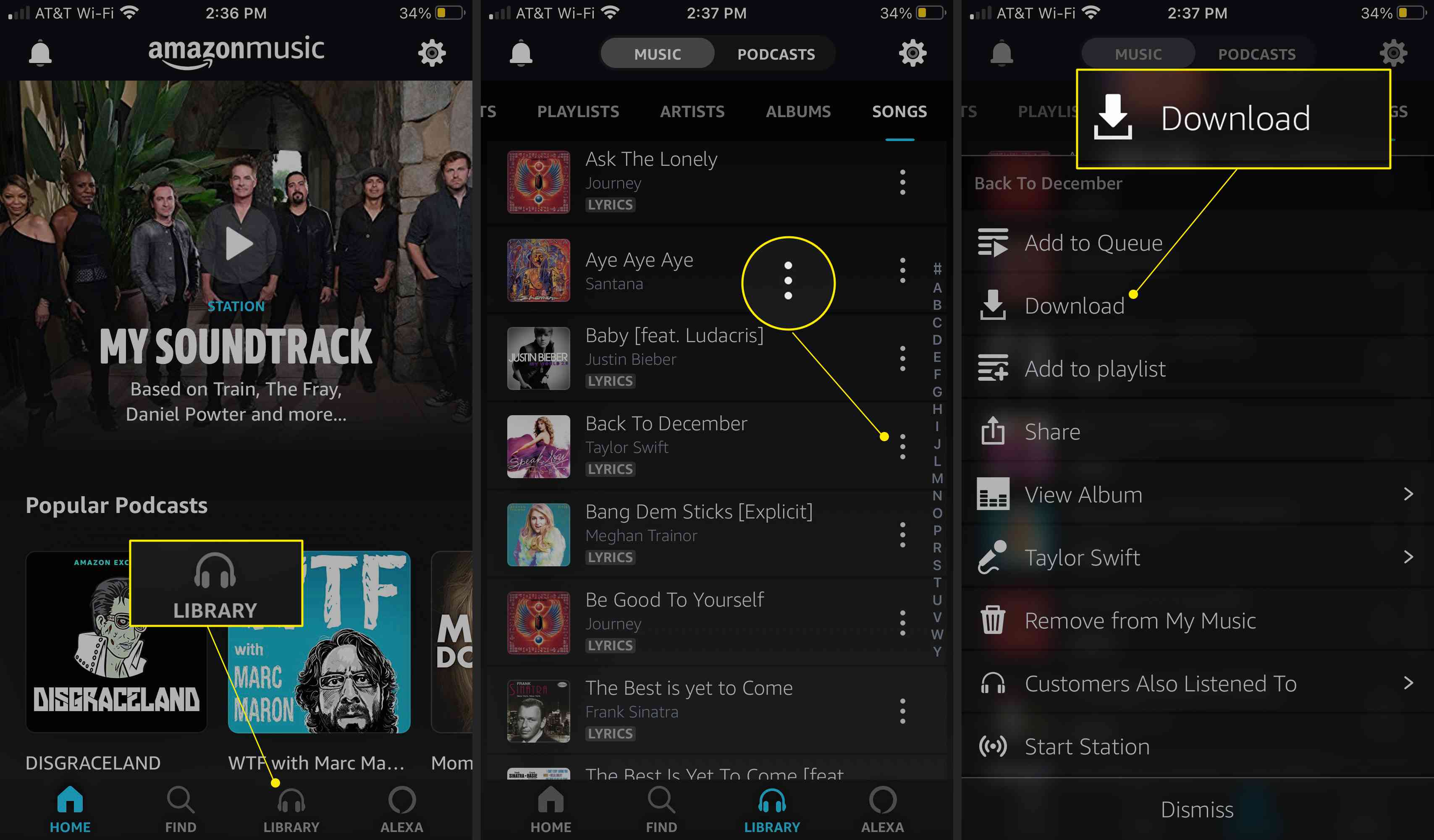 Amazon Music-app met Bibliotheek, Meer Opties (drie stippen) en Downloaden gemarkeerd