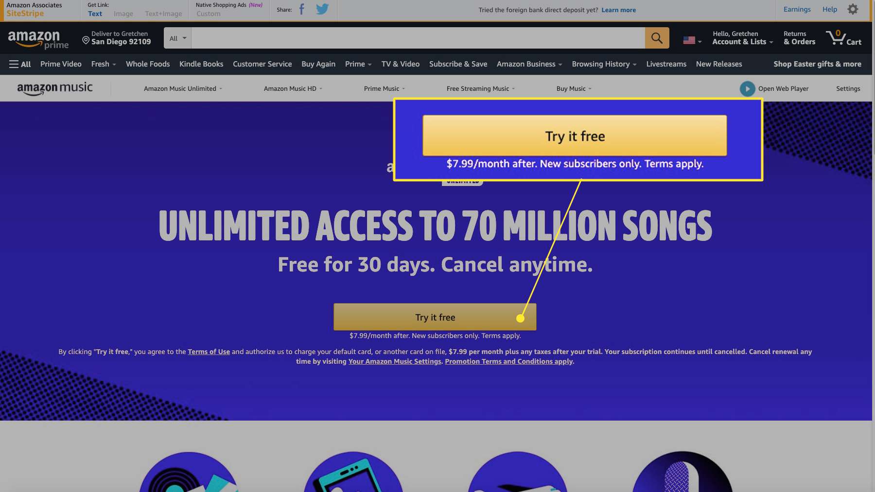 Amazon Music Unlimited-website met "Probeer het gratis" gemarkeerd