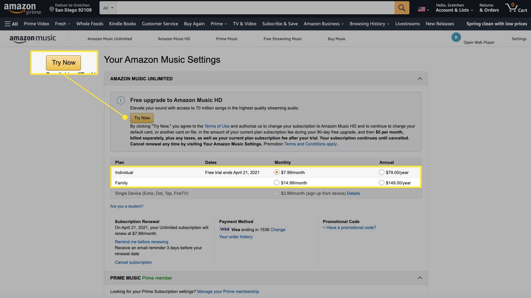 Amazon Music-instellingen met plannen en "nu proberen" gemarkeerd