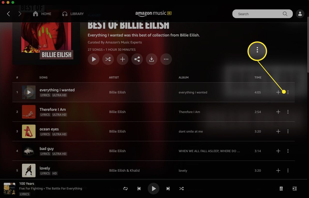 Amazon Music-webapp met meer opties (drie stippen) gemarkeerd