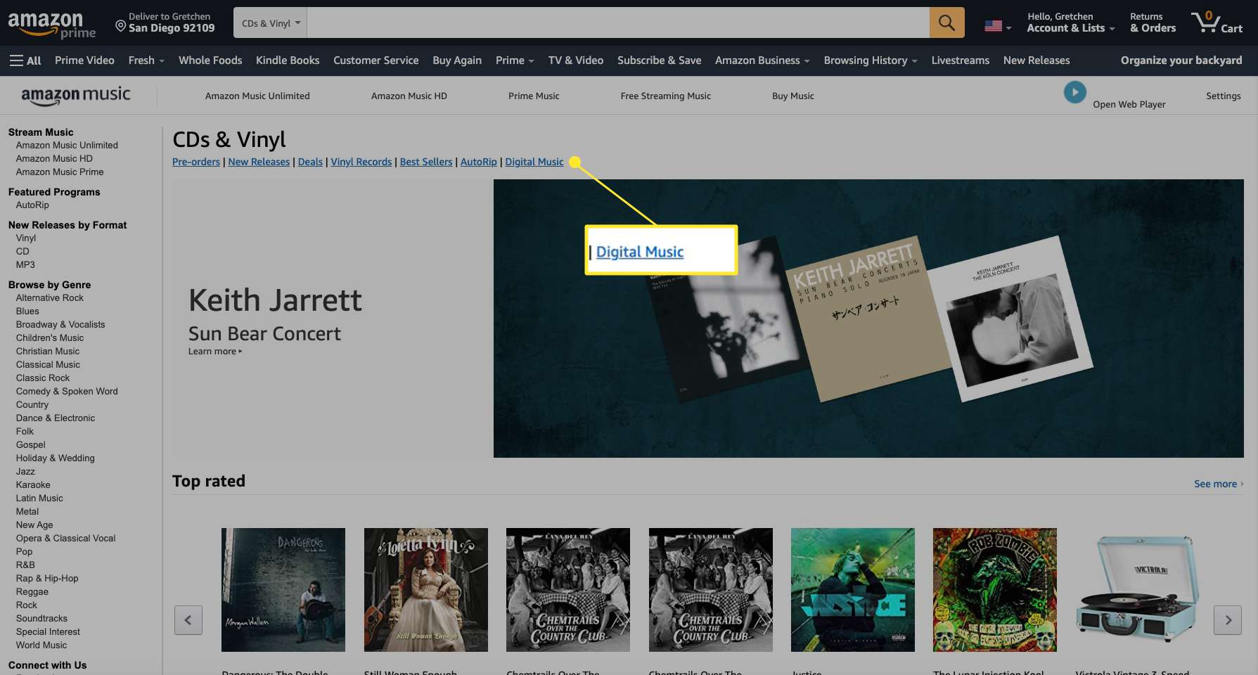Amazon Music-website met Digital Music gemarkeerd