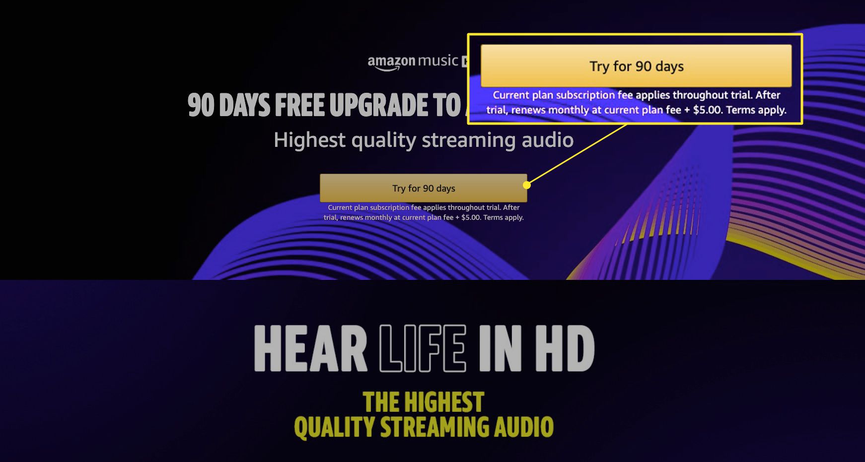 Amazon Music HD-pagina met "Probeer 90 dagen" gemarkeerd