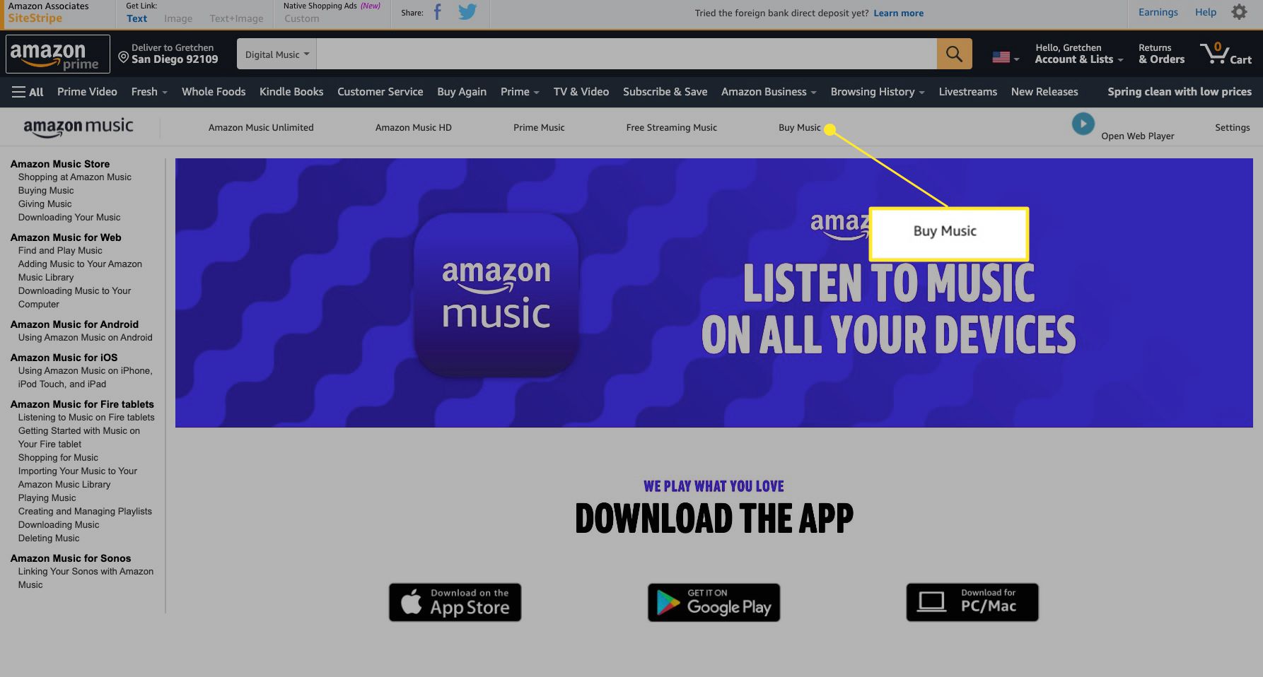 Amazon Music-webpagina met Muziek kopen gemarkeerd