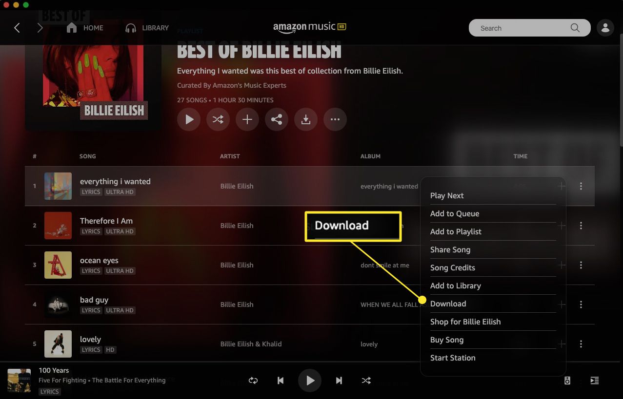 Amazon Music-webapp met Download gemarkeerd