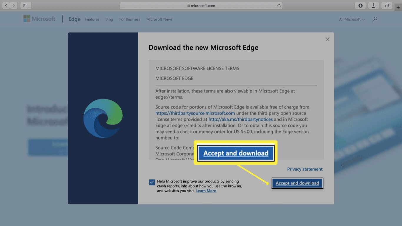 Een screenshot van Microsoft Edge-licentievoorwaarden op Mac.