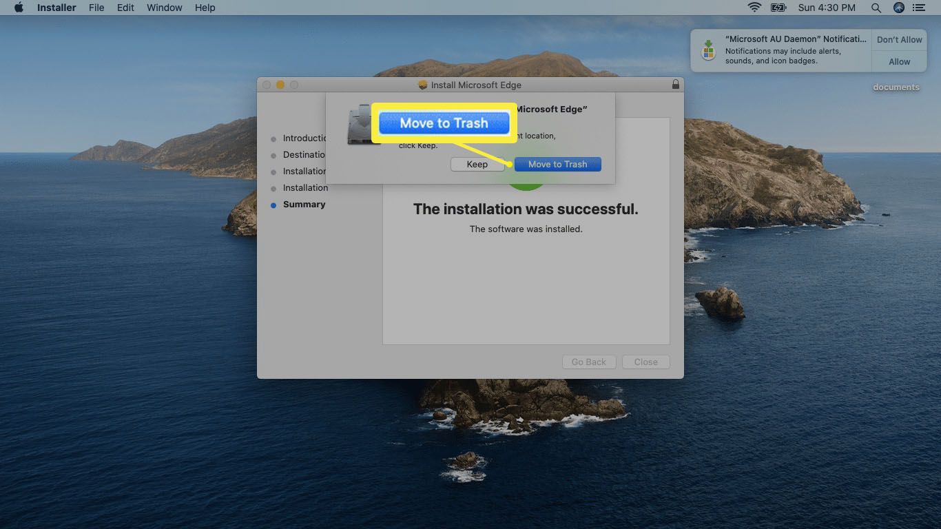 Een screenshot van het verwijderen van het Edge-installatieprogramma op Mac.