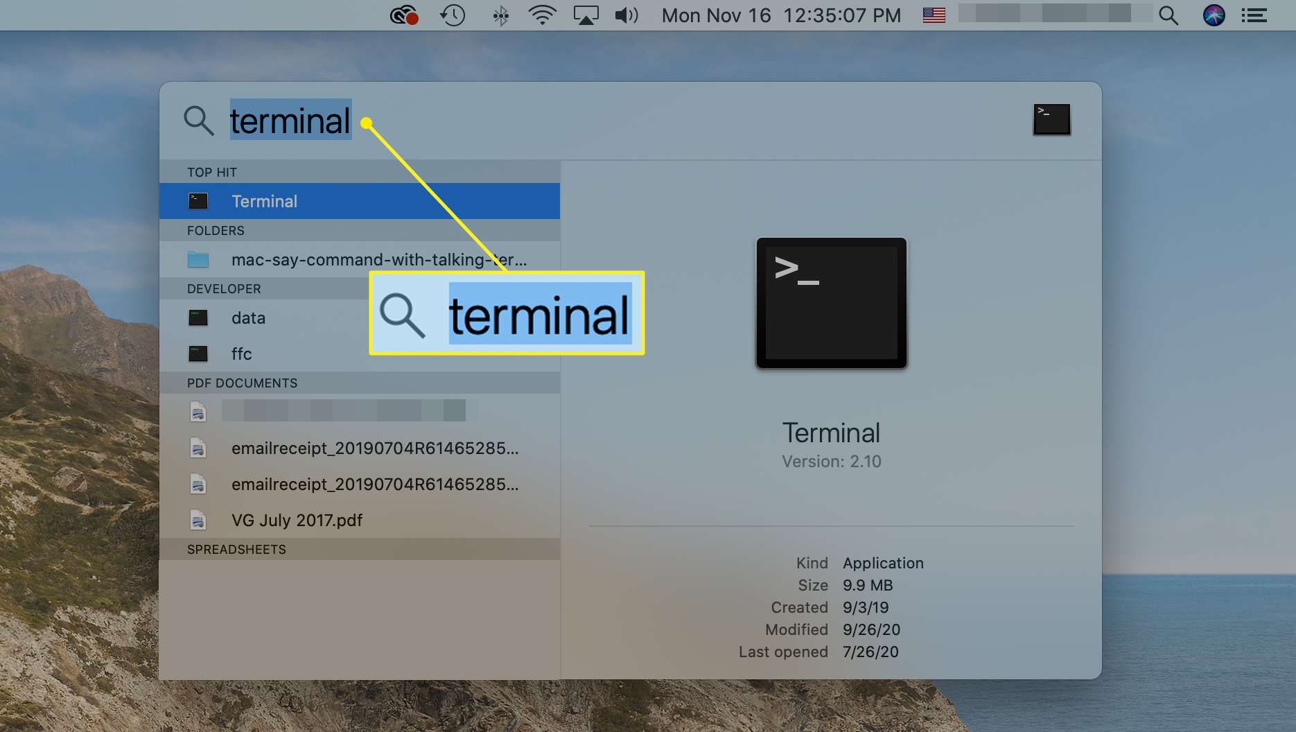 Het woord 'terminal' getypt in het Spotlight-zoekveld
