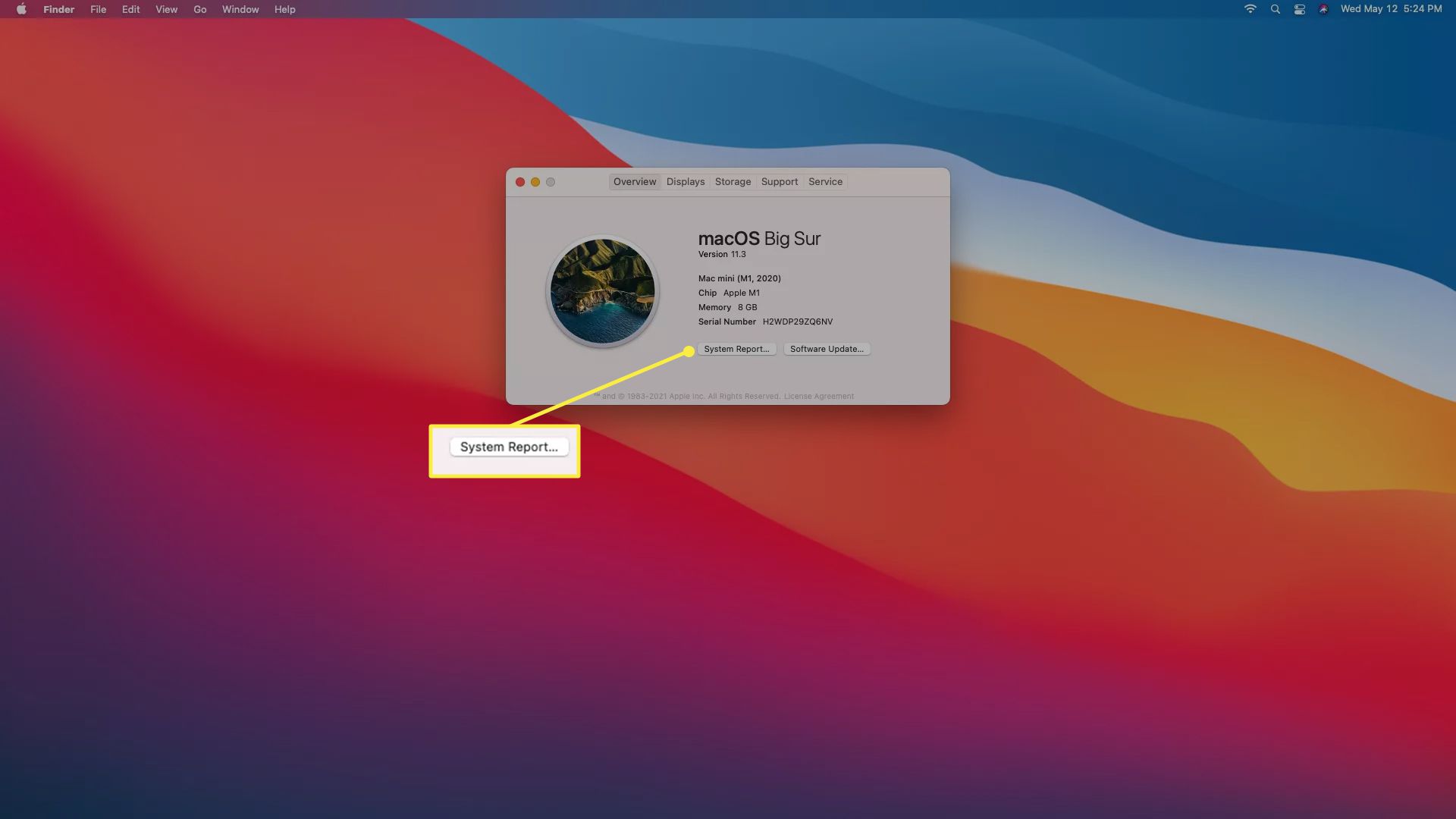 Systeemrapport gemarkeerd in Over deze Mac.
