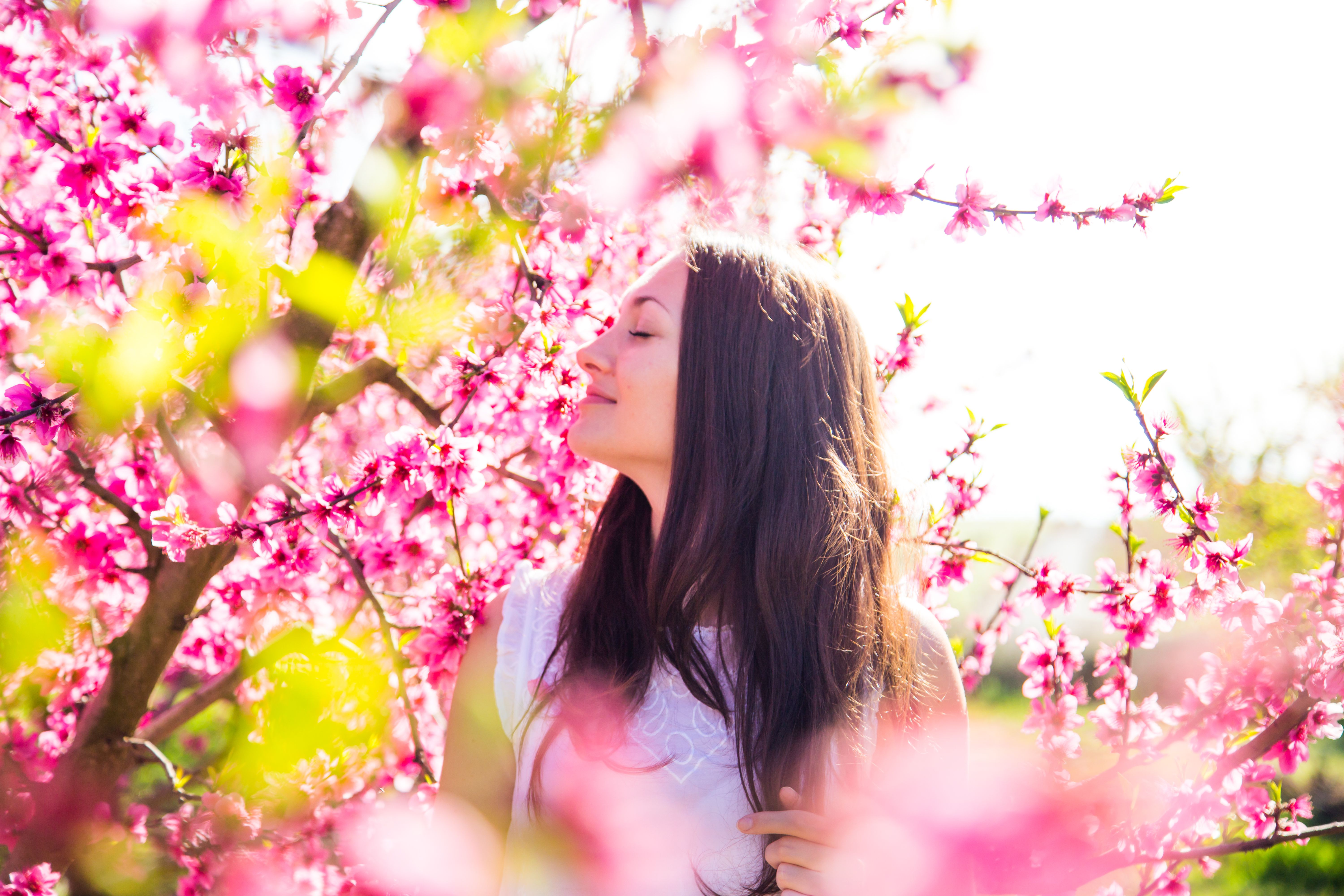 Een vrouw die roze bloemen aan de boom ruikt