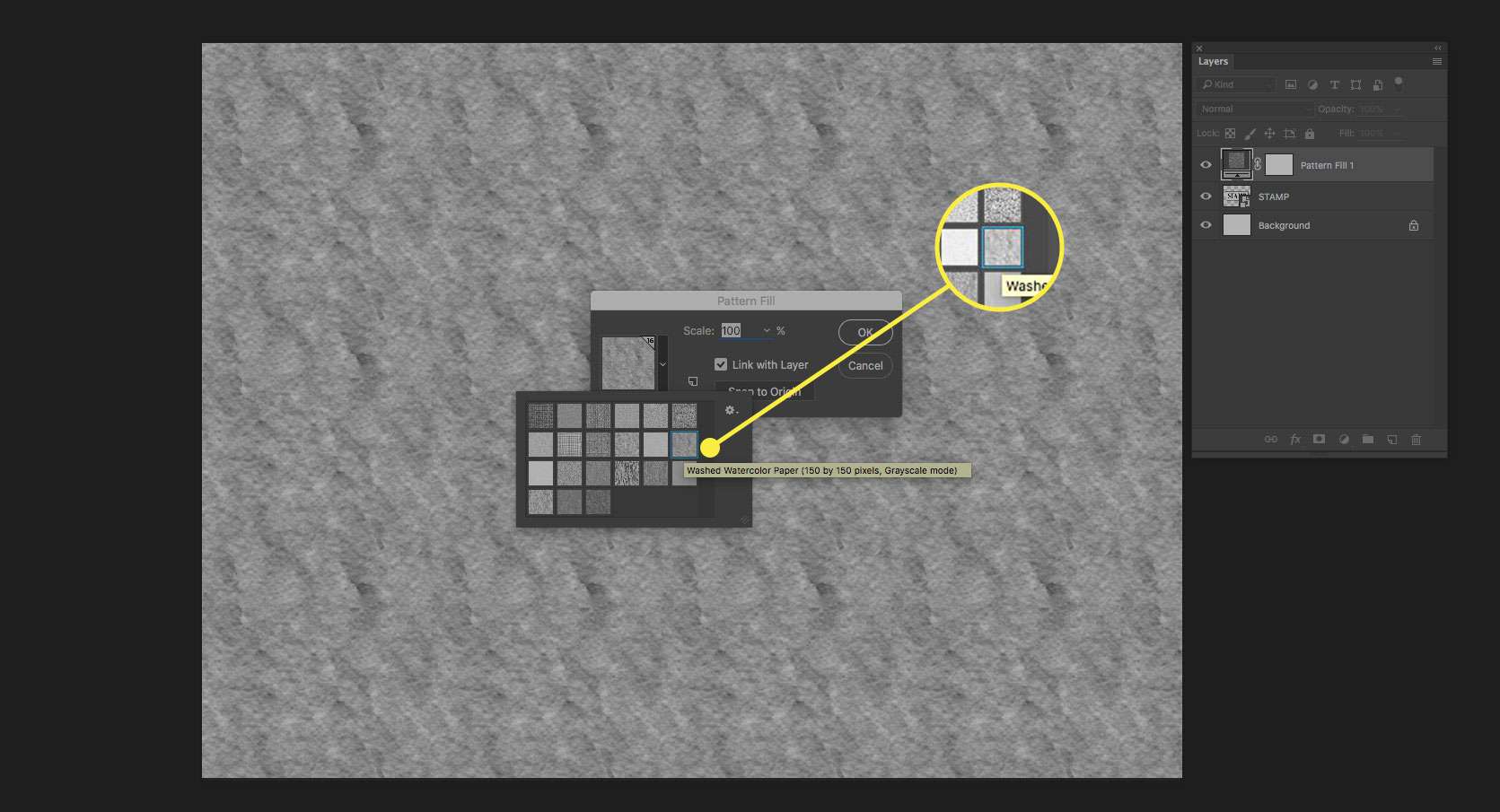 Een screenshot van Photoshop met het patroon Gewassen aquarelpapier gemarkeerd