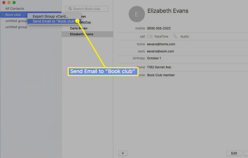 Schermafbeelding van het verzenden van groeps-e-mail vanuit Contacten met Apple Mail