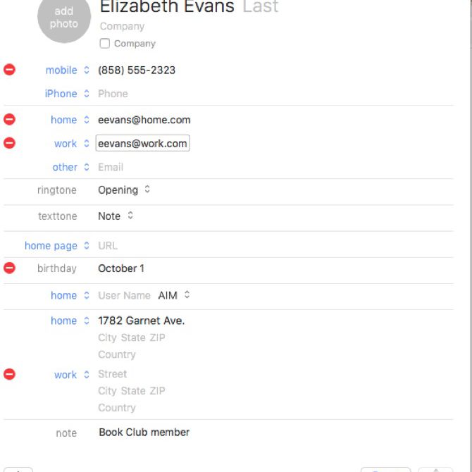 Screenshot van het toevoegen van een contactpersoon in Apple Mail