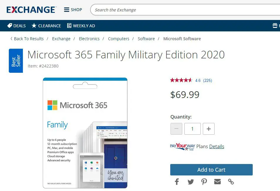 De afgeprijsde Microsoft 365 Family Military Edition zoals weergegeven op de Exchange-site.