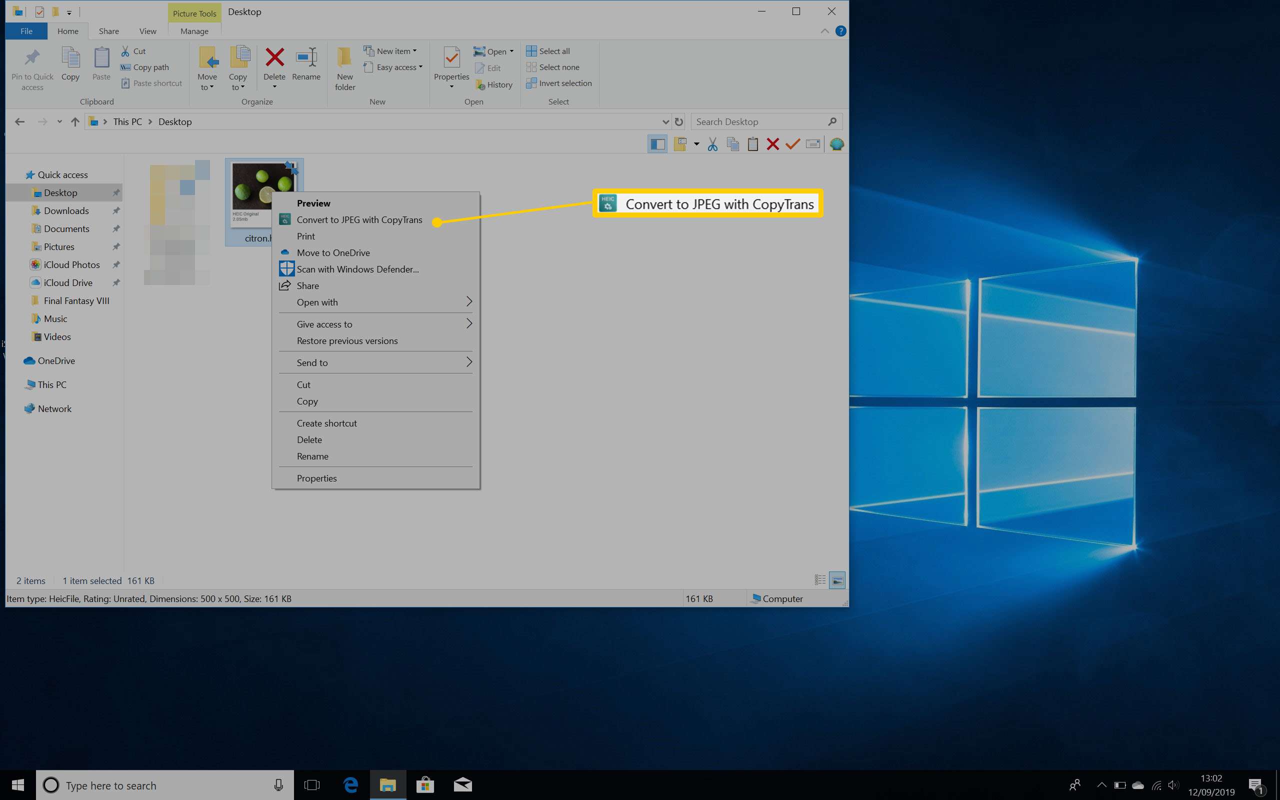 Windows 10-bureaublad met een rechtsgeklikt menu gemarkeerd met de weergave Converteren naar JPEG met CopyTrans