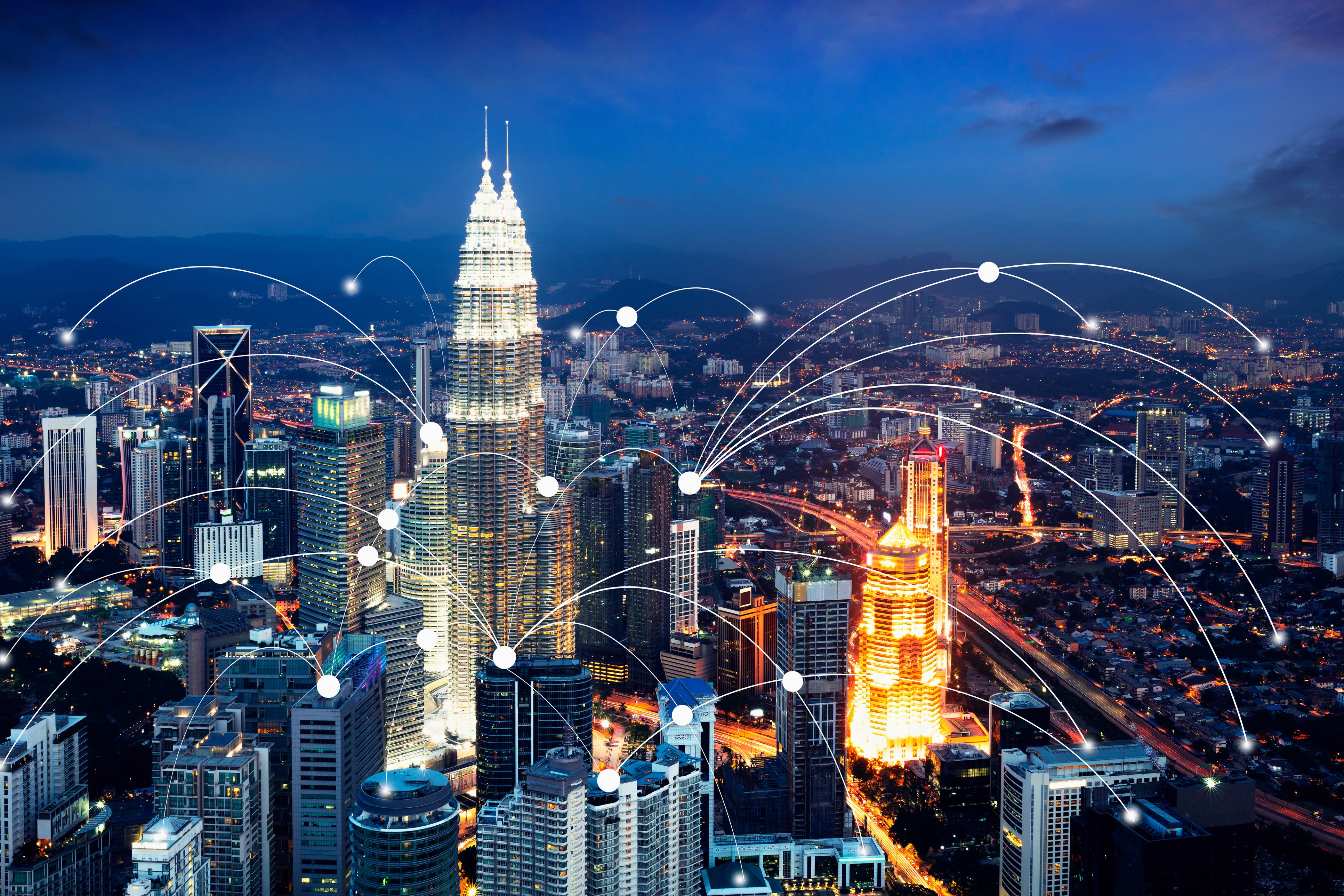 Wifi-pictogram en stadslandschap-netwerkverbindingsconcept, Smart city
