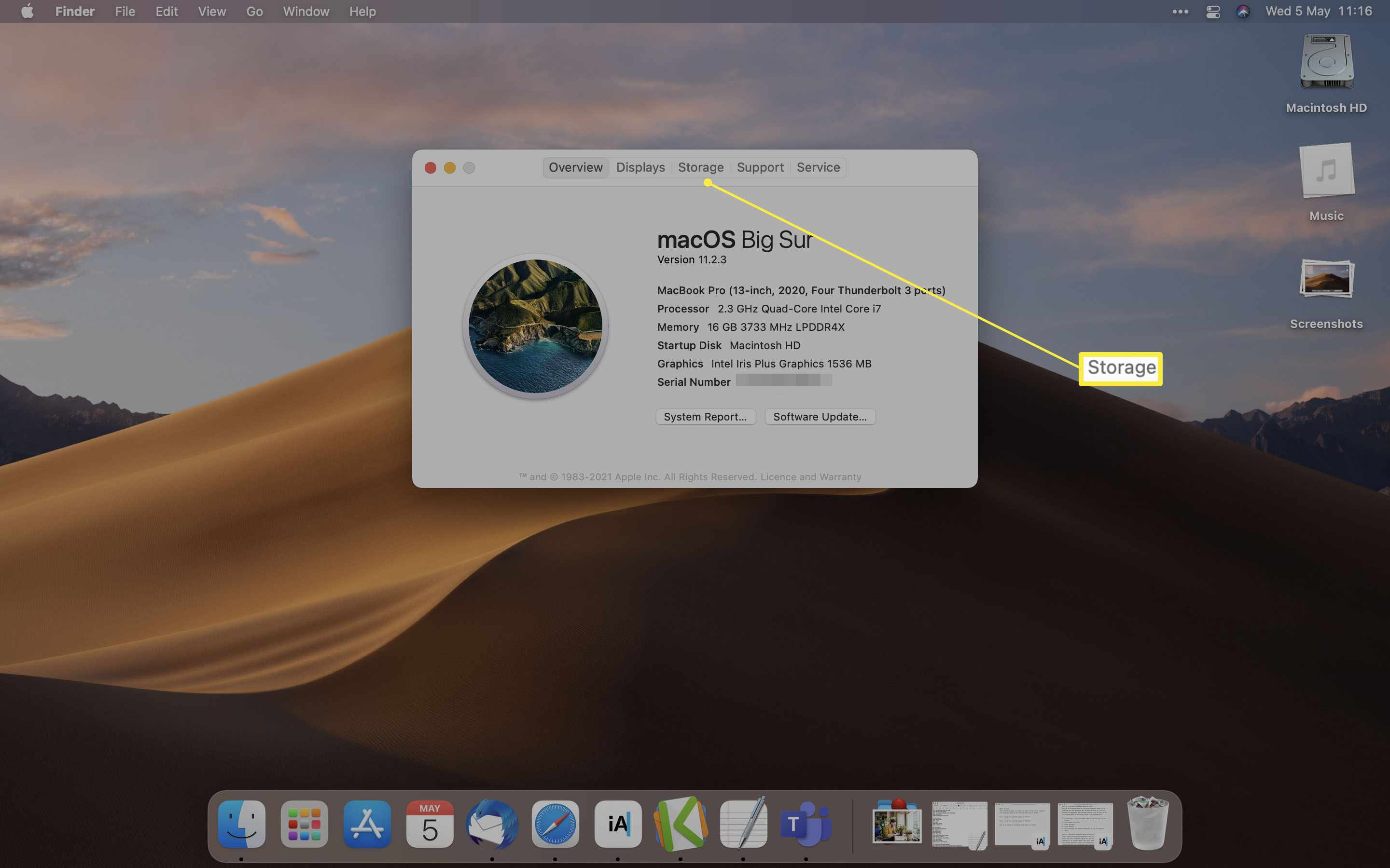 MacOS-bureaublad met Opslag gemarkeerd op Over deze Mac