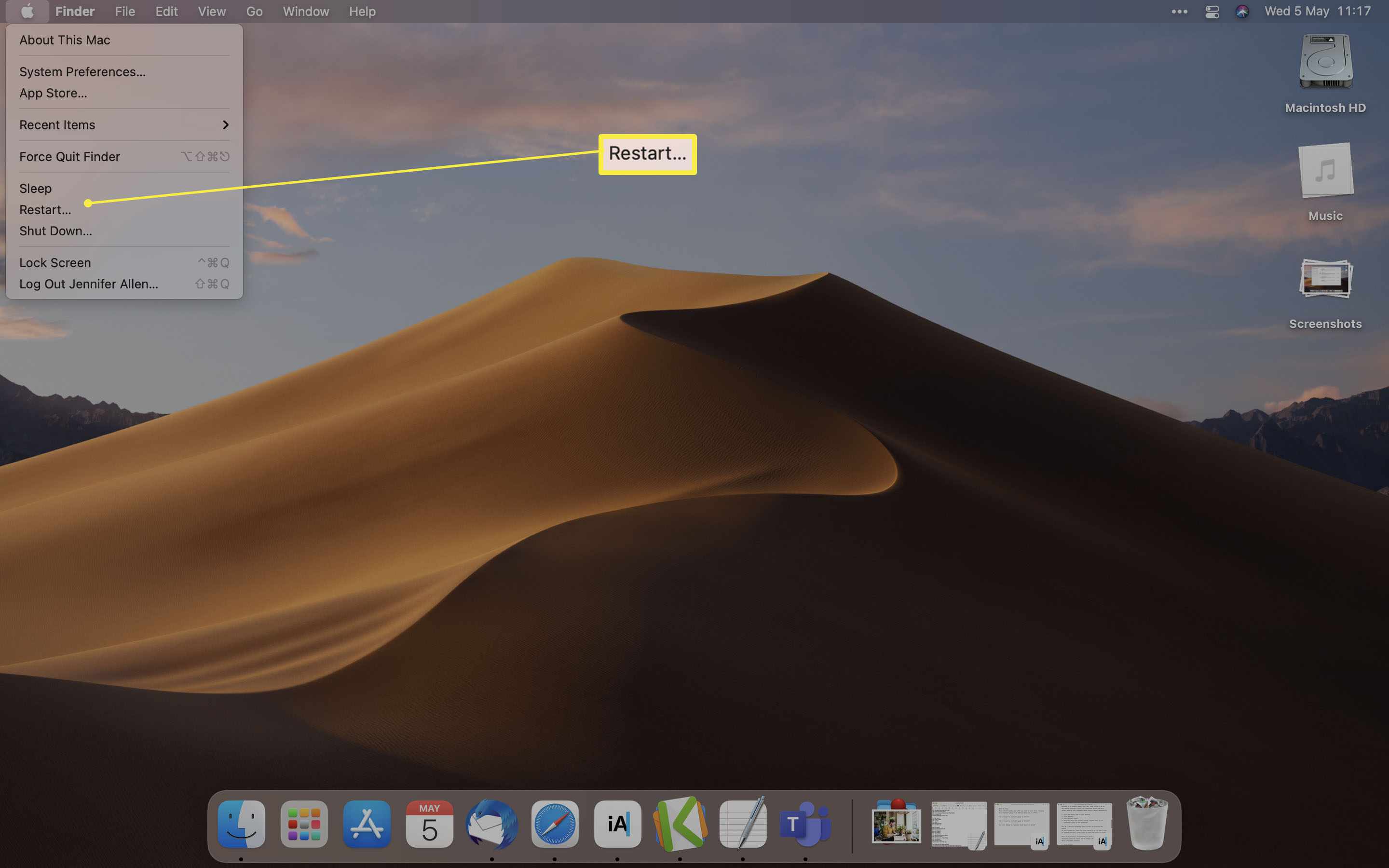 MacOS-bureaublad met Opnieuw opstarten gemarkeerd in Apple Menu