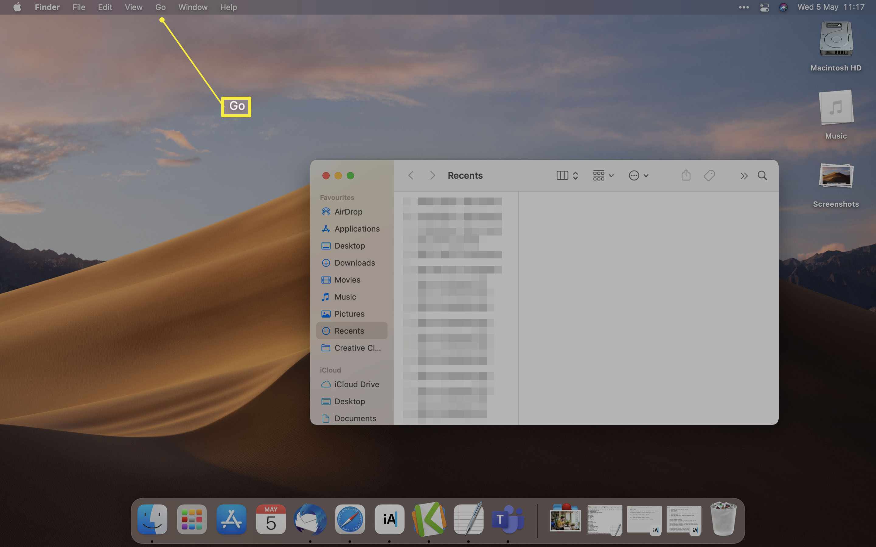 MacOS Finder met Go-knop gemarkeerd