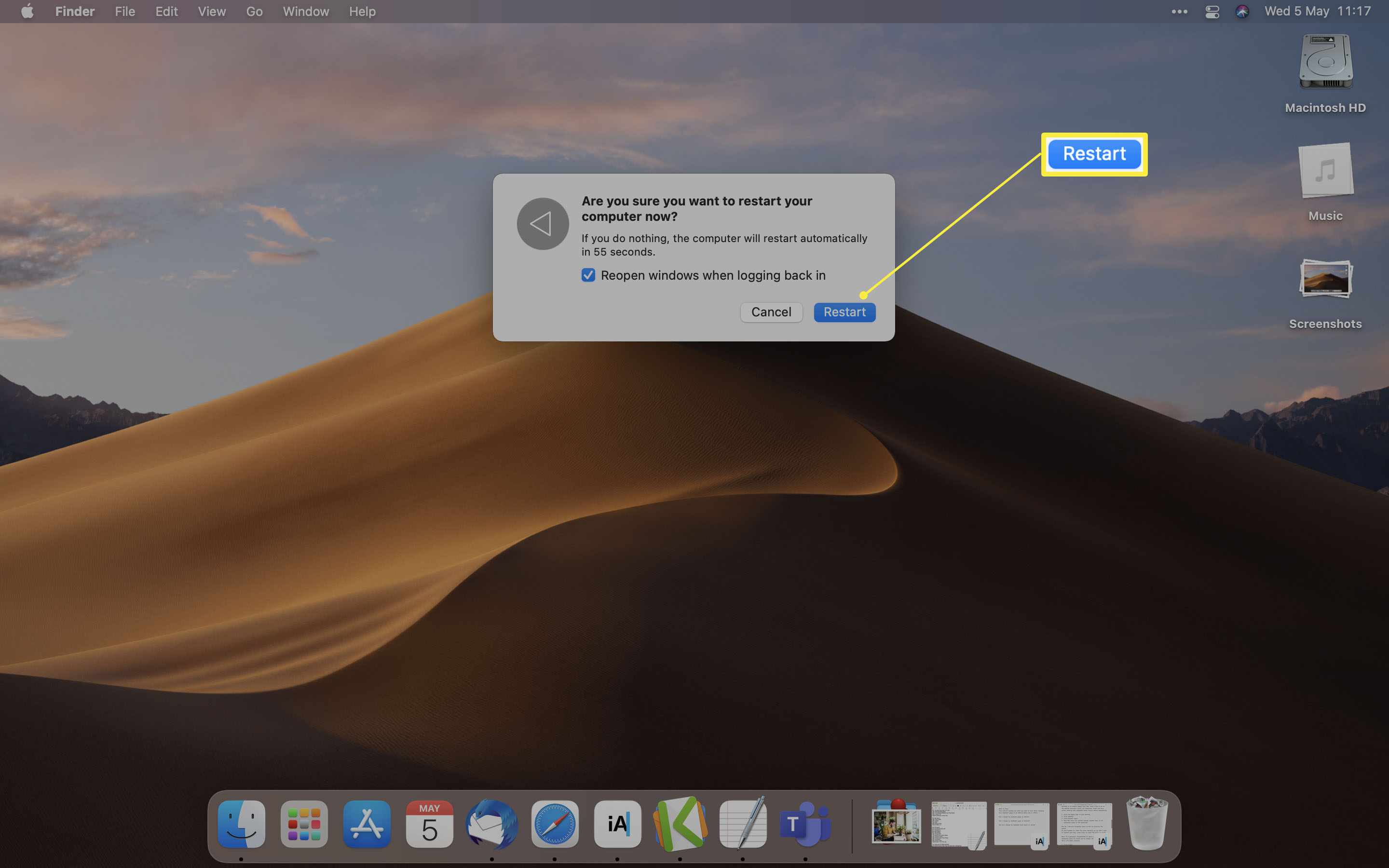 MacOS-bureaublad met Opnieuw opstarten gemarkeerd in dialoogvenster Opnieuw opstarten