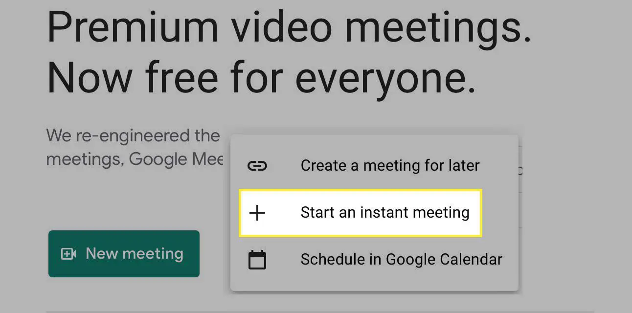  Start een instant meeting-knop gemarkeerd in Google Meet.