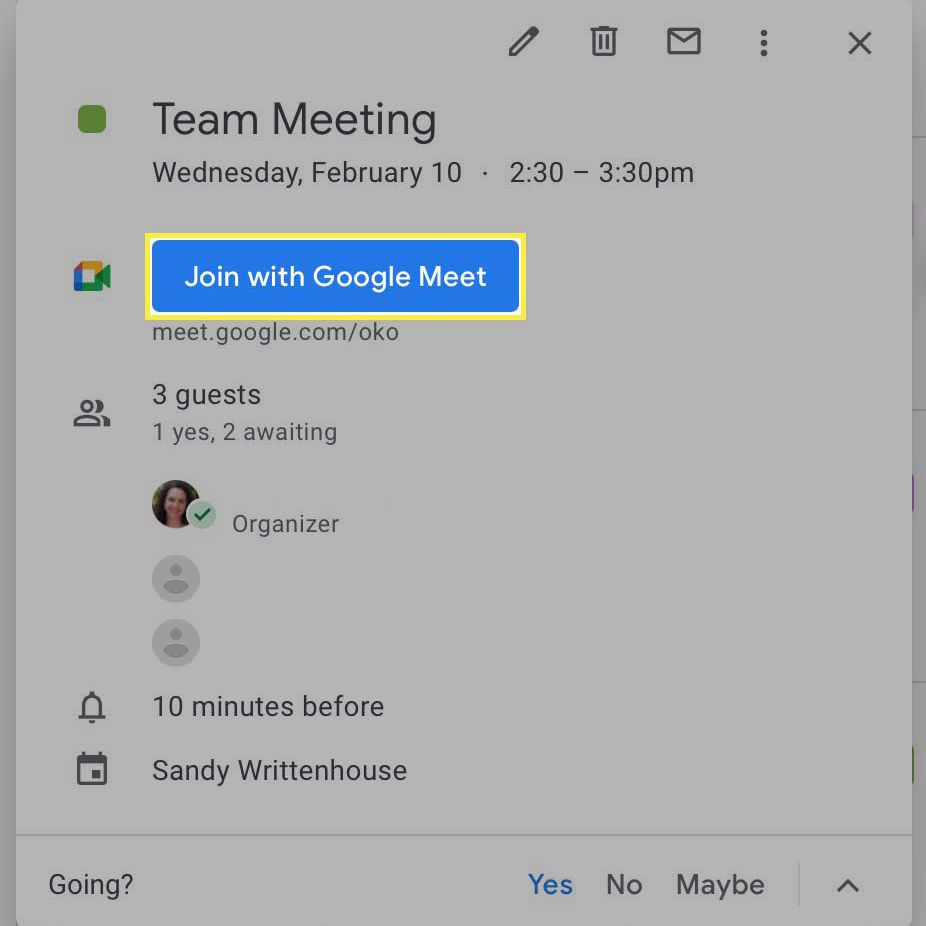 Klik op Deelnemen met de Google Meet-knop gemarkeerd in de uitnodiging.