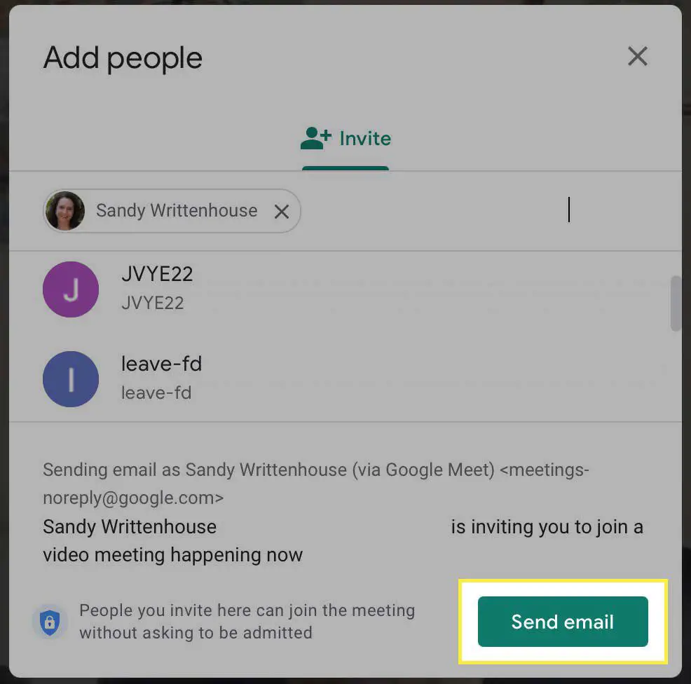 De knop E-mail verzenden gemarkeerd in het uitnodigingsscherm voor Google Meet.