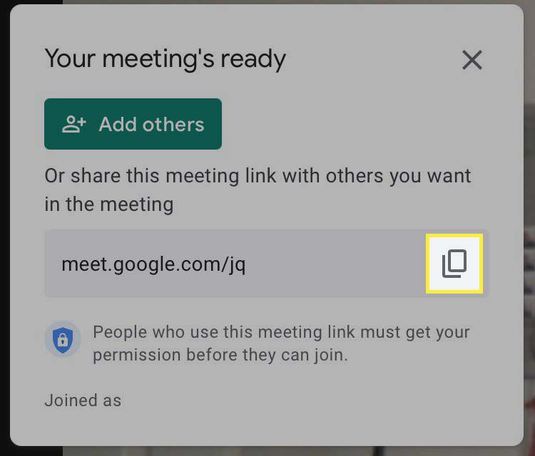 De kopieerlink-knop gemarkeerd in Google Meet.