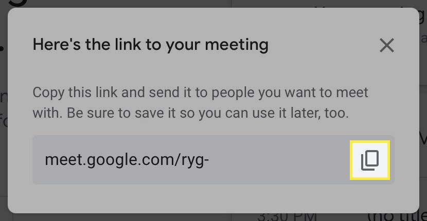 De kopieerlink-knop gemarkeerd in Google Meet.