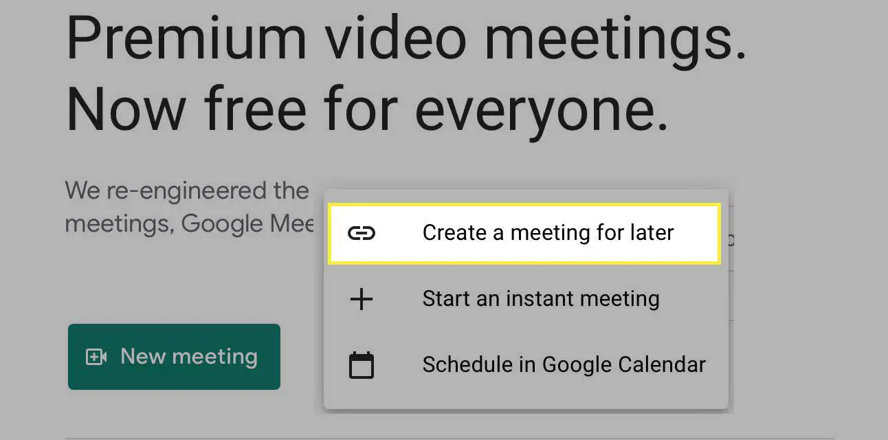 De knop Een vergadering maken voor later gemarkeerd in Google Meet.