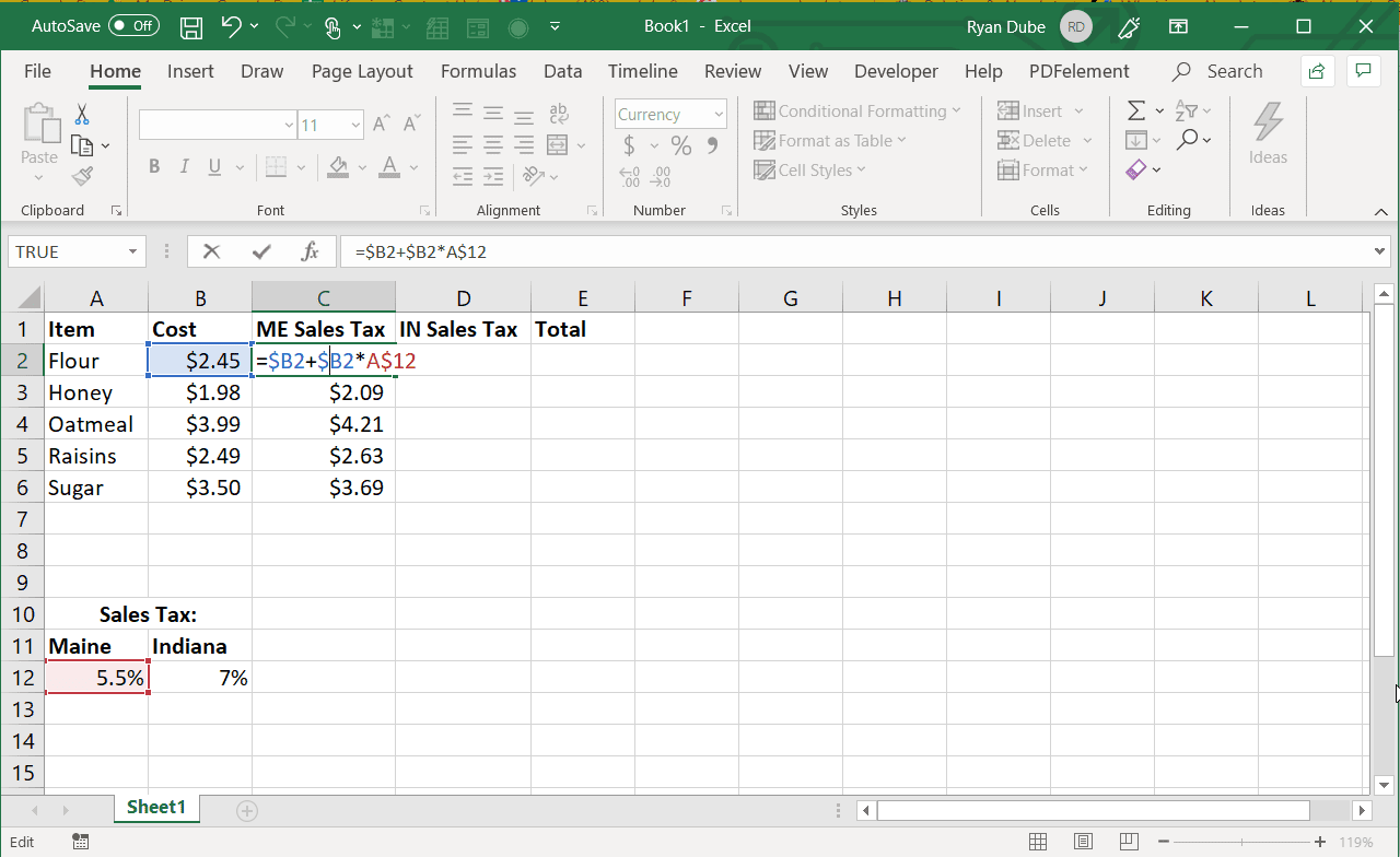Screenshot van het gebruik van een absolute kolomverwijzing in Excel