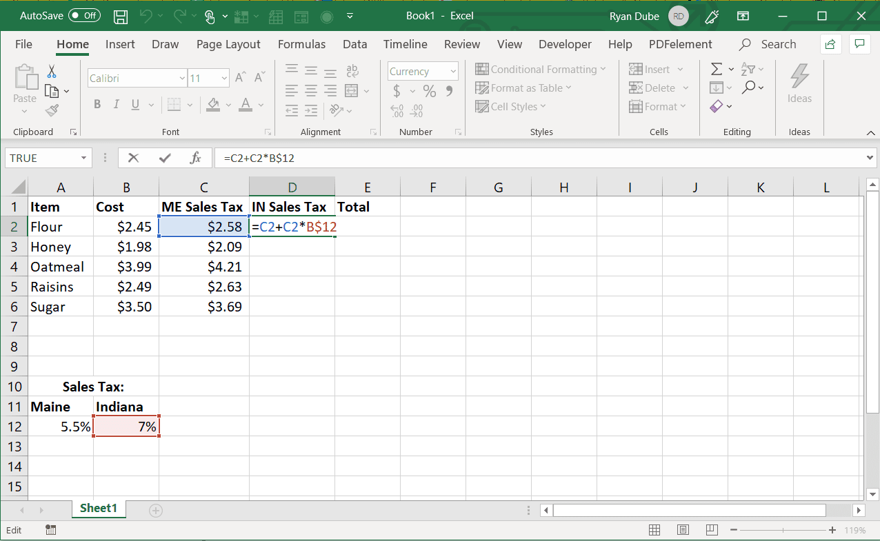 Screenshot van het vullen van een rij met een absolute referentie in Excel