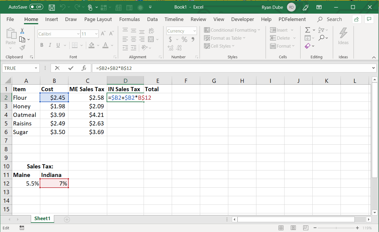 Screenshot van het vullen van Excel naar rechts met een absolute kolom