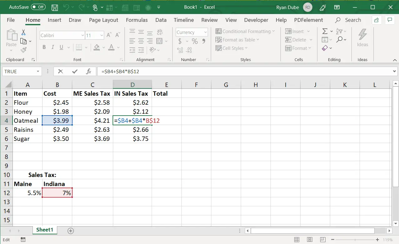 Screenshot van absolute celverwijzingen in Excel