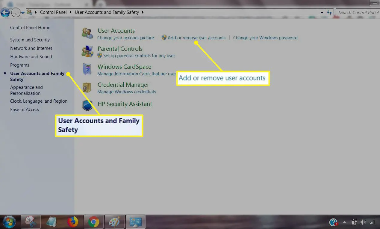 Gebruikersaccounts en Family Safety-sectie van het Configuratiescherm met Gebruikersaccounts toevoegen of verwijderen geselecteerd