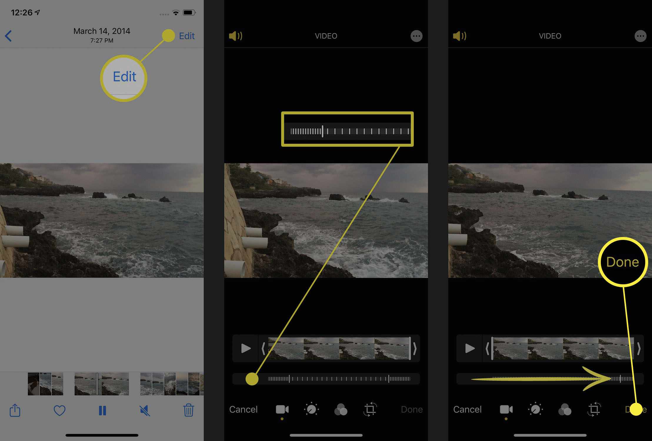 Screenshots van het versnellen van slowmotionvideo's in de iPhone Photos-app.