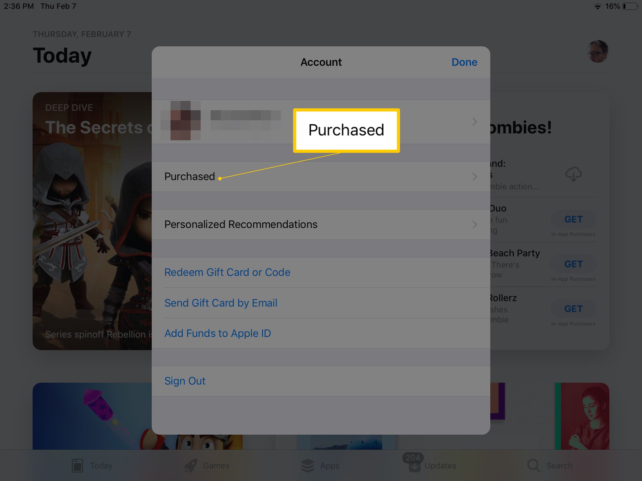 Gekocht-knop op App Store-account op iPad