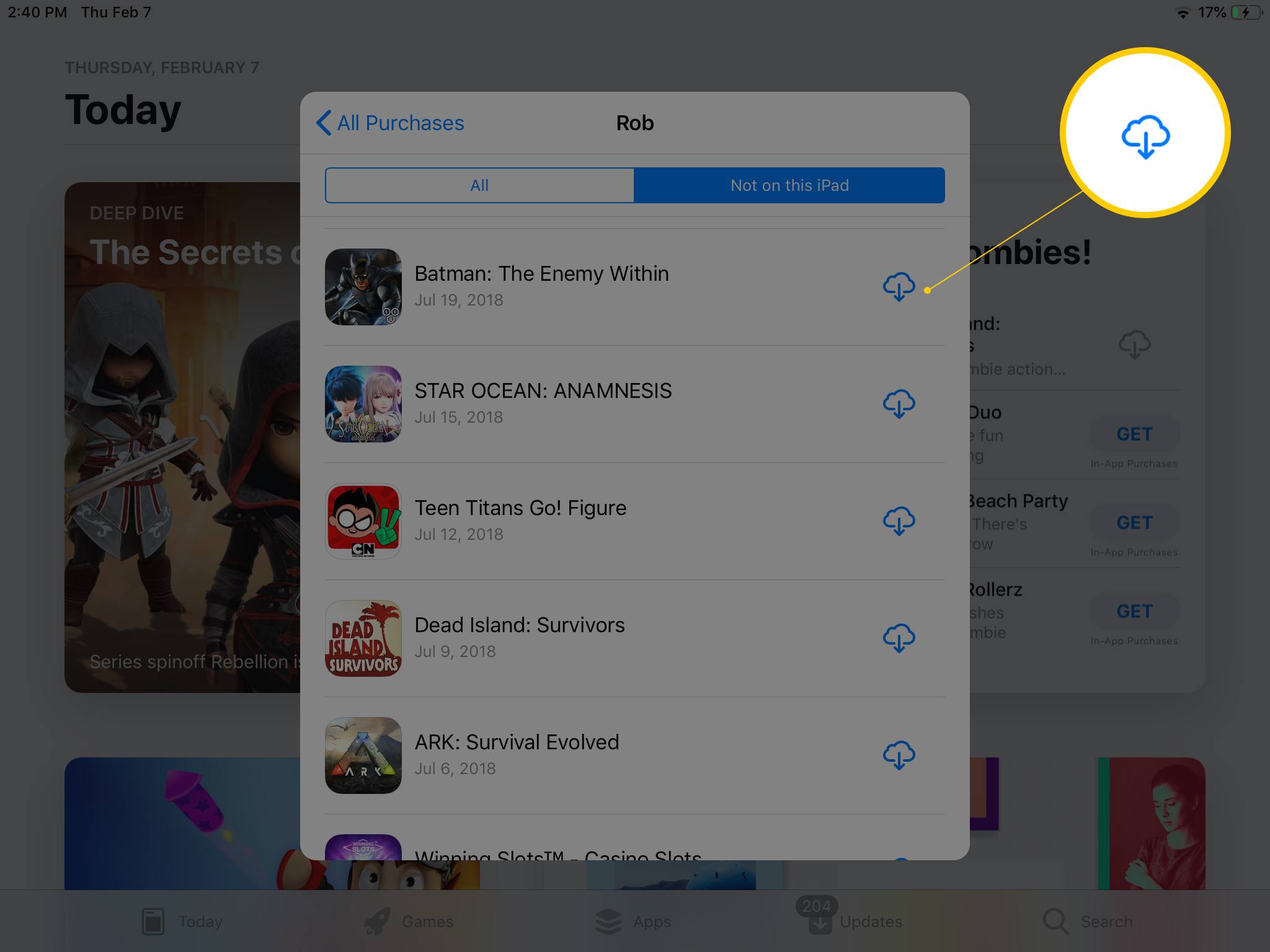 iCloud-knop om een ​​eerder gekochte app opnieuw te downloaden op iPad