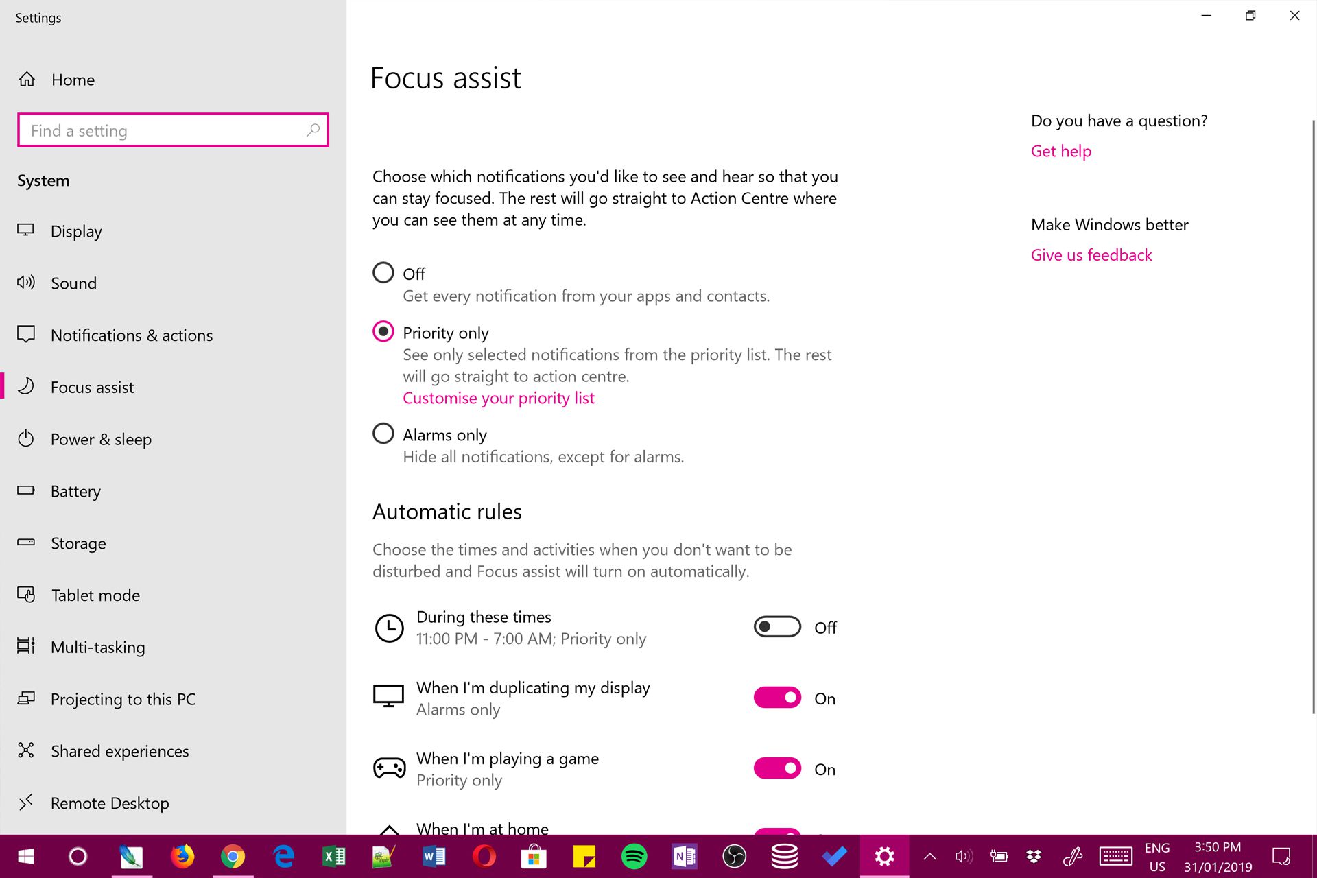 Windows 10 Quiet Hours Focus Assist-instellingen.