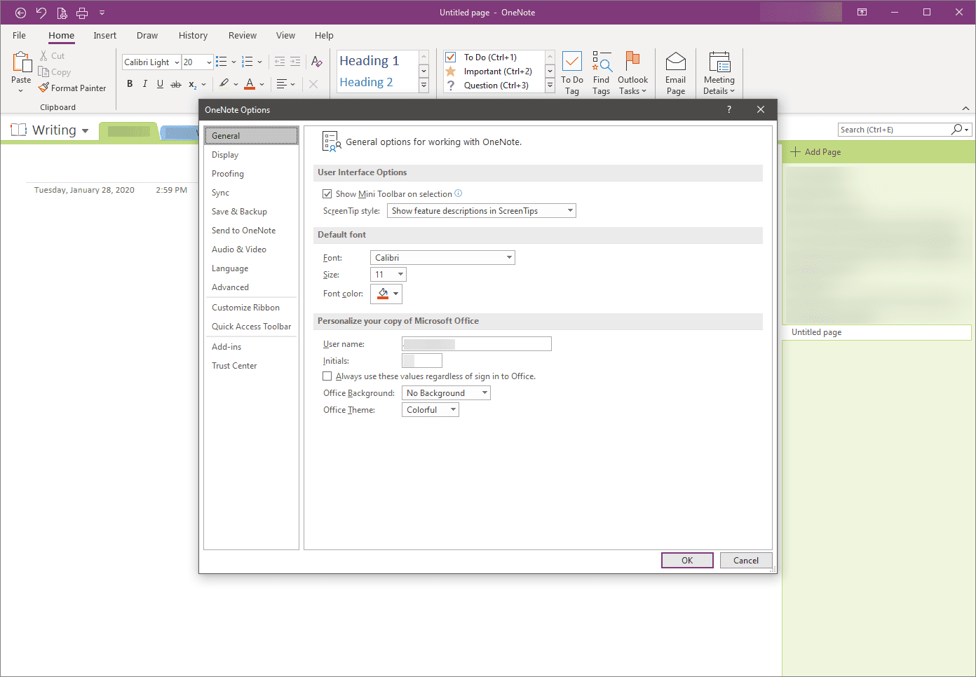 OneNote-opties