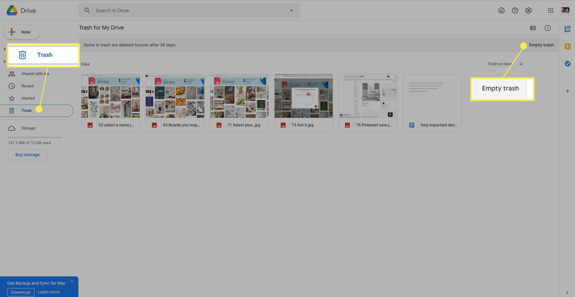 Google Drive met Prullenbak en Prullenbak leegmaken gemarkeerd