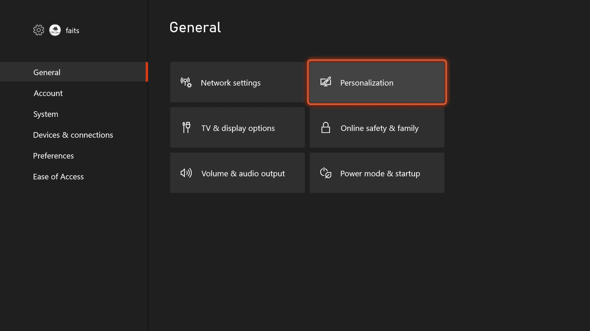 Een screenshot van algemene opties op Xbox Series X|S.