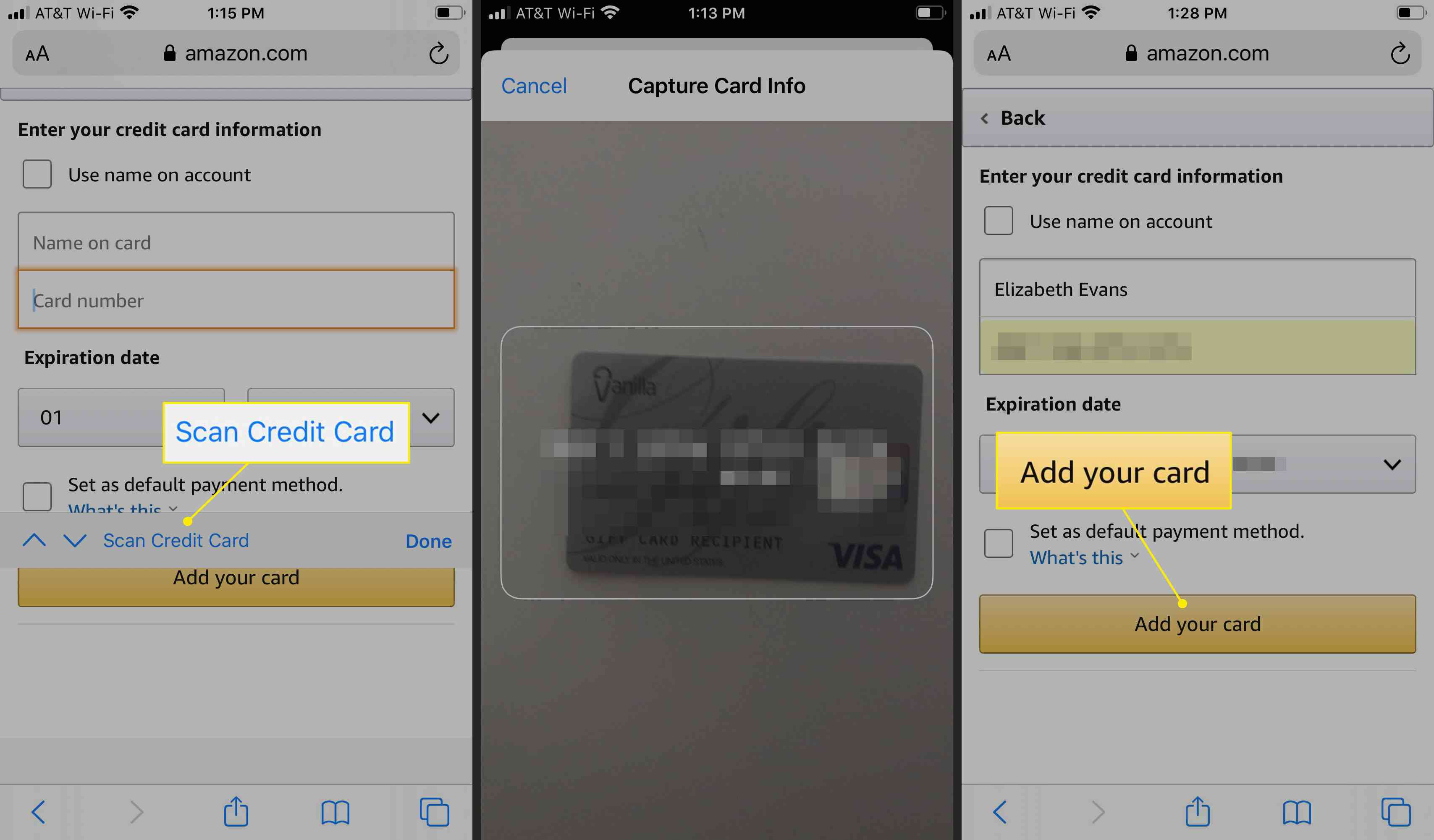 De opdrachten "Creditcard scannen" en "Uw kaart toevoegen"